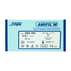 Nici Amifil 3/0 igła 24 mm nić 45 cm 3/8 koła odwrotnie tnąca, opak. 10 szt. 2MB304