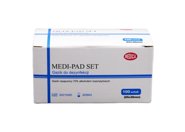 Gaziki odkażające nasączone alkoholem MEDI-PAD 6,5x3cm (100 szt.) MEDI-PAD-65x30